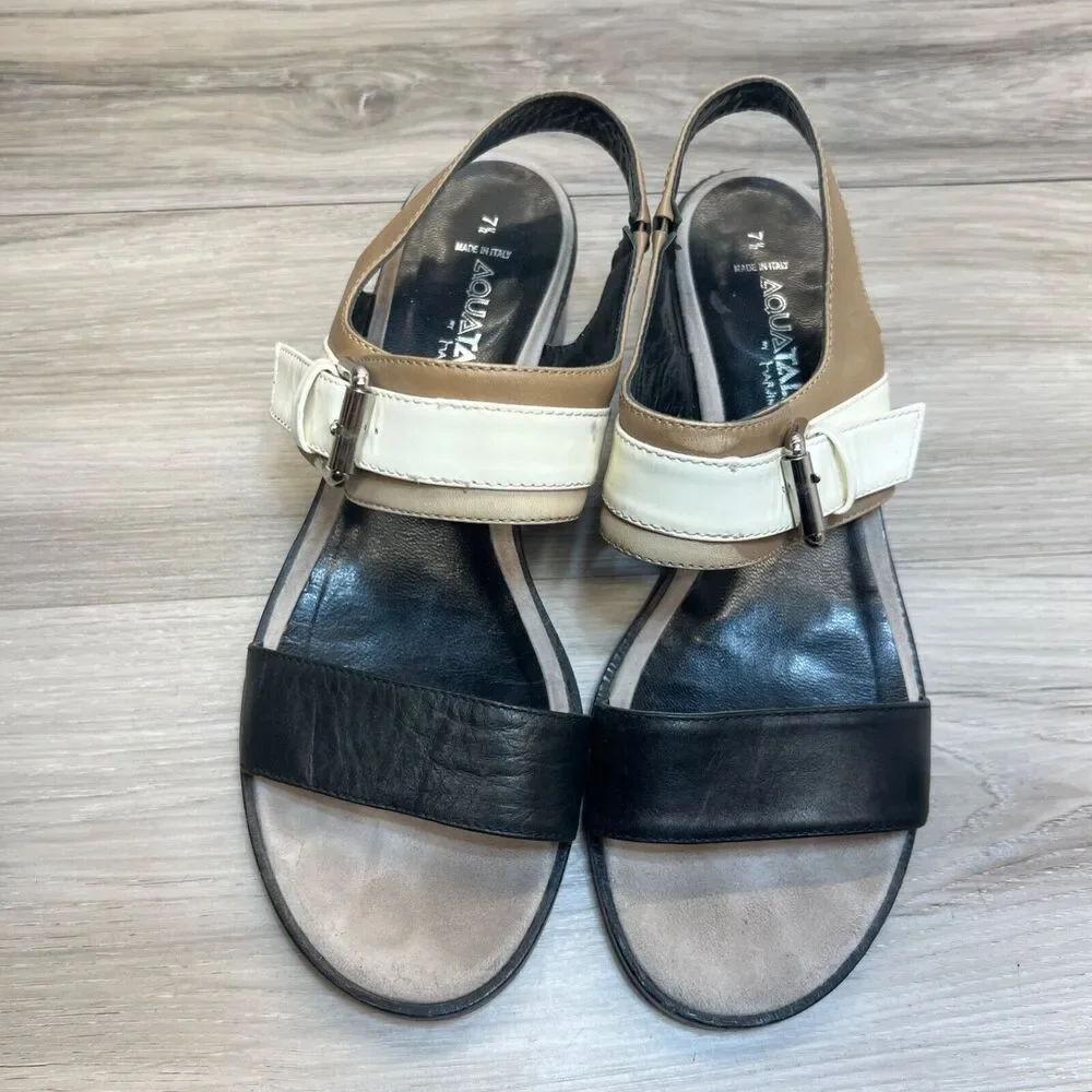 Aquatalia‎ Women’s Cream Slingback Leather Low Block Heel Sandals Size 7.5